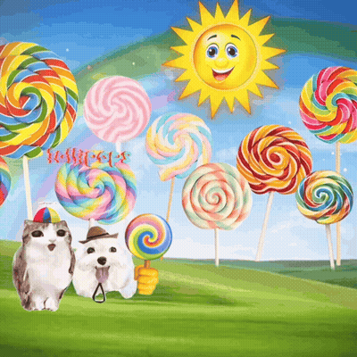 Two Cats And Dog Surrounded By Lollipops Sign GIF