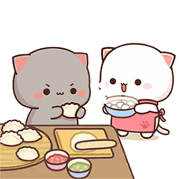 Two Cats Are Sitting At A Table Eating Food . Sticker