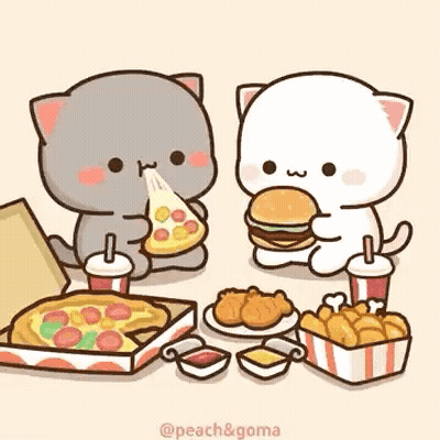 Two Cats Are Sitting At A Table Eating Pizza And Chicken Nuggets . GIF