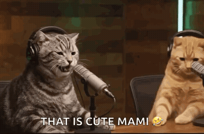 Two Cats Are Sitting At A Table In Front Of Microphones With The Words `` That Is Cute Mami '' Written Below Them . GIF