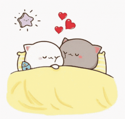 Two Cats Are Sleeping In A Bed With Hearts Flying Around Them GIF