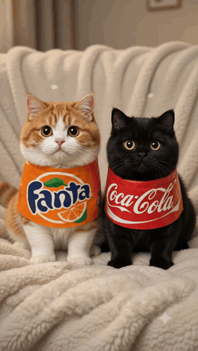 Two Cats In Coca Cola And Fanta Shirts GIF