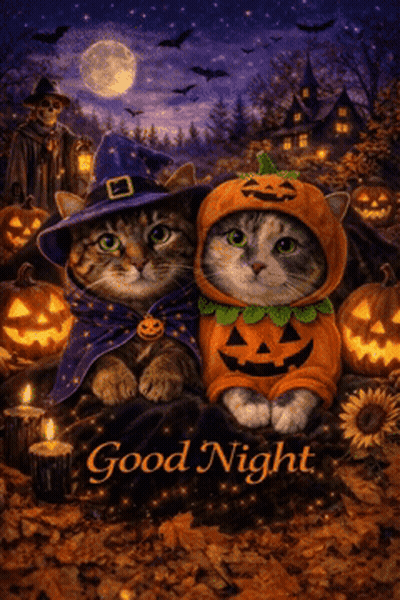 Two Cats In Halloween Costumes Sitting Together GIF