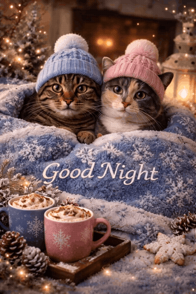 Two Cats In Knitted Hats With Hot Chocolate GIF