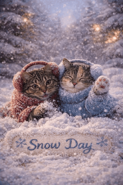 Two Cats In Sweaters And Ear Muffs In Snow GIF