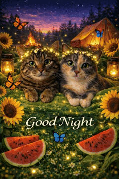 Two Cats Laying in Sunflowers and Watermelon Good Night