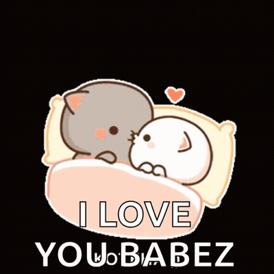 Two Cats Laying On Bed Saying I Love You Babez GIF
