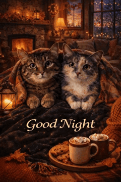 Two Cats Laying Under A Blanket With The Words Good Night Written On The Bottom GIF