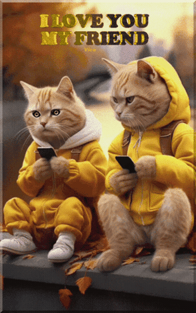 Two Cats On Ledge Looking At Phones I Love You My Friend GIF