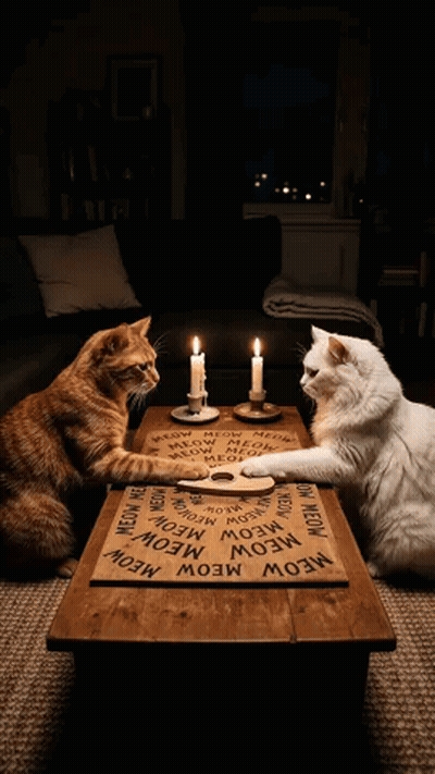 Two Cats Sitting At Table With Meow Board And Candles GIF