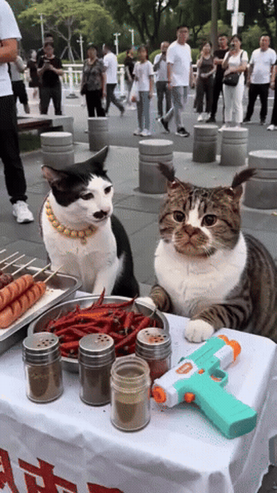 Two Cats Sitting At Table With Toy Gun GIF