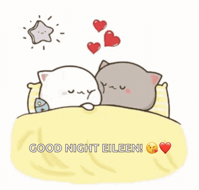 Two Cats Sleeping In Bed With Hearts And Good Night Eileen GIF