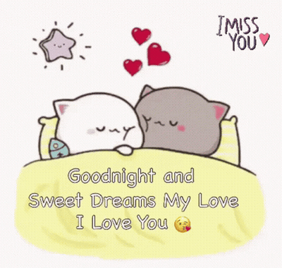 Two Cats Sleeping in Bed With Hearts and Goodnight Quote