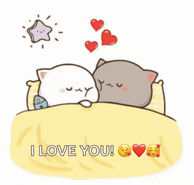 Two Cats Sleeping In Bed With Hearts GIF