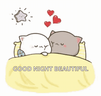 Two Cats Sleeping In Bed With Hearts Saying Good Night Beautiful GIF