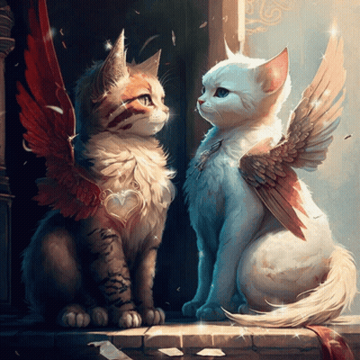 Two Cats With Angel Wings Looking At Each Other GIF