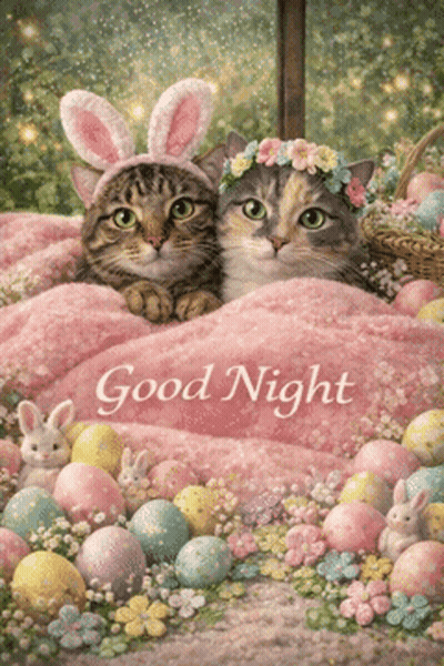 Two Cats With Bunny Ears In Bed With Easter Eggs GIF