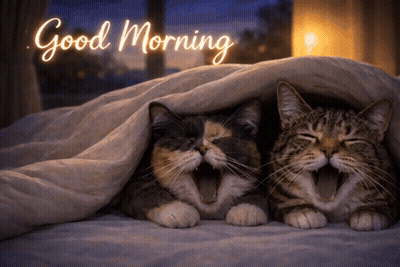 Two Cats Yawning Under Blanket Good Morning GIF