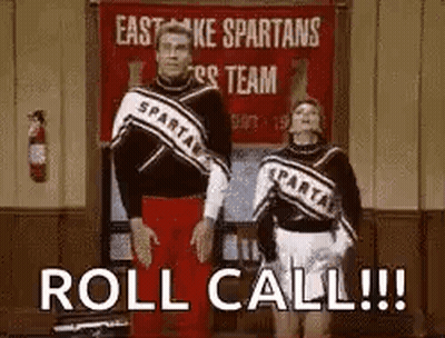 Two Cheerleaders Are Standing Next To Each Other In Front Of A Sign That Says `` Roll Call !!! '' . GIF