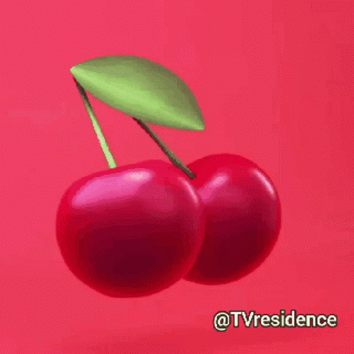 Two Cherries With A Green Stem And Leaf On A Red Background GIF