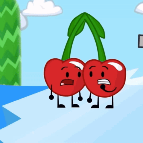 Two Cherries With Arms And Legs On Ice GIF
