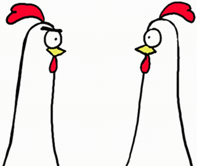 Two Chickens With Big Eyes And Beaks GIF