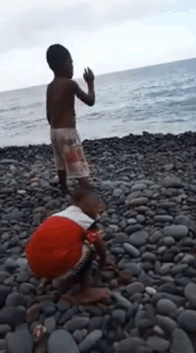 Two Children Are Playing On A Rocky Beach Near The Water GIF
