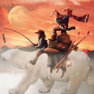 Two Children Riding Polar Bear While Fishing GIF