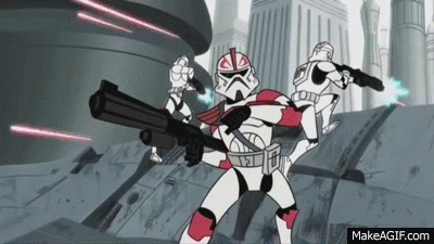 Two Clone Troopers Holding Guns In Front Of Building GIF