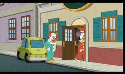 Two Clowns Are Standing In Front Of A Building With A Car Parked In Front Of Them GIF