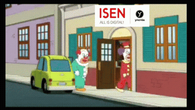 Two Clowns Are Standing In Front Of A Building With A Sign That Says Isen GIF