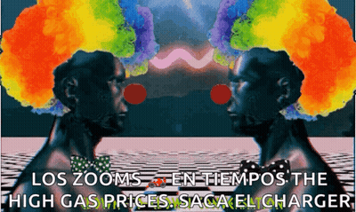 Two Clowns Looking At Each Other With The Words Los Zooms En Tiempos The High Gas Prices Sacal Charger GIF