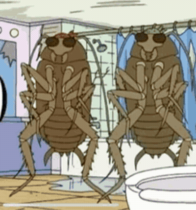 Two Cockroaches Are Standing In A Bathroom Near A Toilet GIF