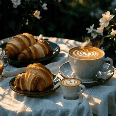 Two Coffee Cups And Croissants GIF