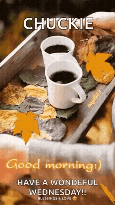 Two Coffee Cups On Wooden Tray With Leaves GIF
