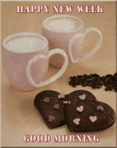 Two Coffee Cups With Heart Handles Next To Heart Cookies GIF
