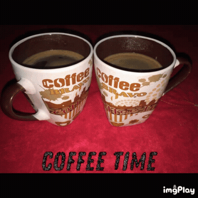 Two Coffee Mugs Saying Coffee Bravo And Coffee Time On Red Cloth GIF