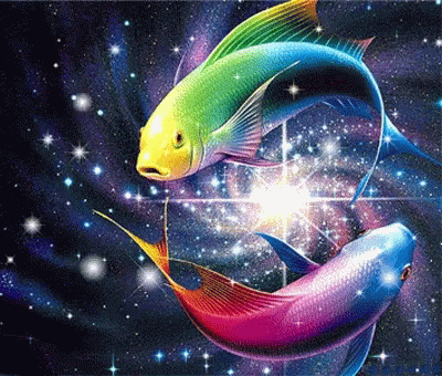Two Colorful Fish Are Swimming In A Galaxy With A Star In The Middle GIF