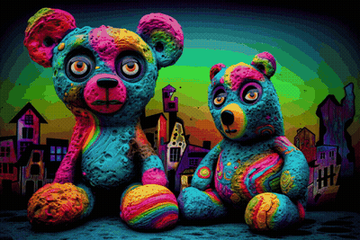 Two Colorful Teddy Bears In Front Of City GIF