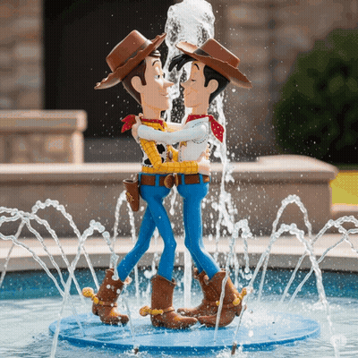 Two Cowboys Hugging In Front Of Fountain GIF