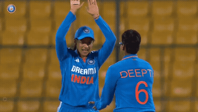 Two Cricket Players Are Giving Each Other A High Five . GIF