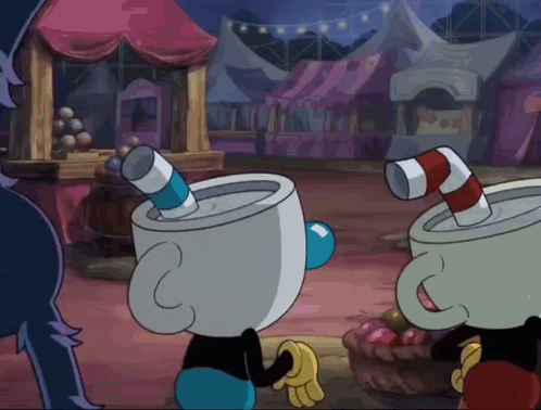 Two Cuphead Characters Are Standing Next To Each Other In A Carnival Scene GIF