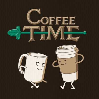 Two Cups Of Coffee Are Standing Next To Each Other Under A Coffee Time Logo GIF