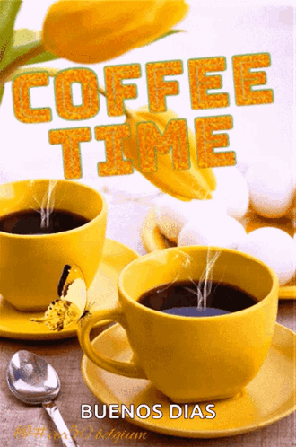 Two Cups Of Coffee On A Saucer With The Words " Coffee Time " Written On It GIF
