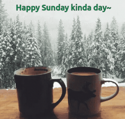Two Cups Of Coffee On A Table With The Words Happy Sunday Kinda Day Written Above Them GIF