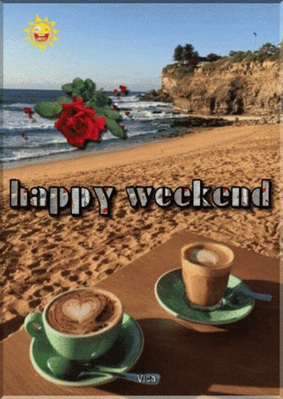 Two Cups Of Coffee On Beach Saying Happy Weekend GIF