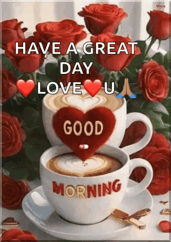 Two Cups Of Coffee With A Heart On Top Of Them And A Bouquet Of Red Roses . GIF