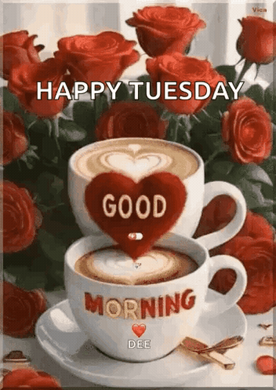 Two Cups Of Coffee With A Heart On Top Of Them Are Sitting On A Saucer With Roses In The Background . GIF