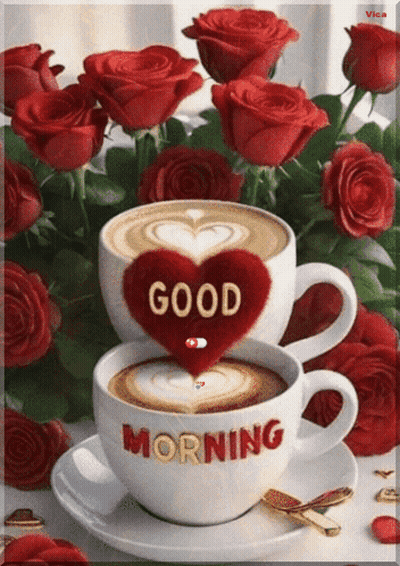 Two Cups Of Coffee With Heart Saying Good Morning GIF