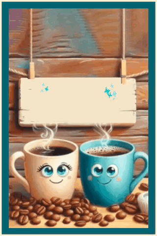 Two Cups Of Coffee With Smiley Faces Next To Coffee Beans GIF